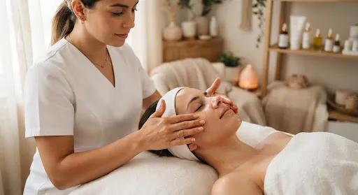 Cosmetóloga aplicando un tratamiento facial relajante en un espacio cálido y cuidado