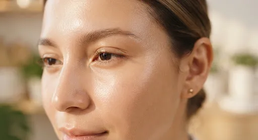 Textura de una piel facial sana y luminosa bajo luz natural cálida, con hidratación y poros refinados